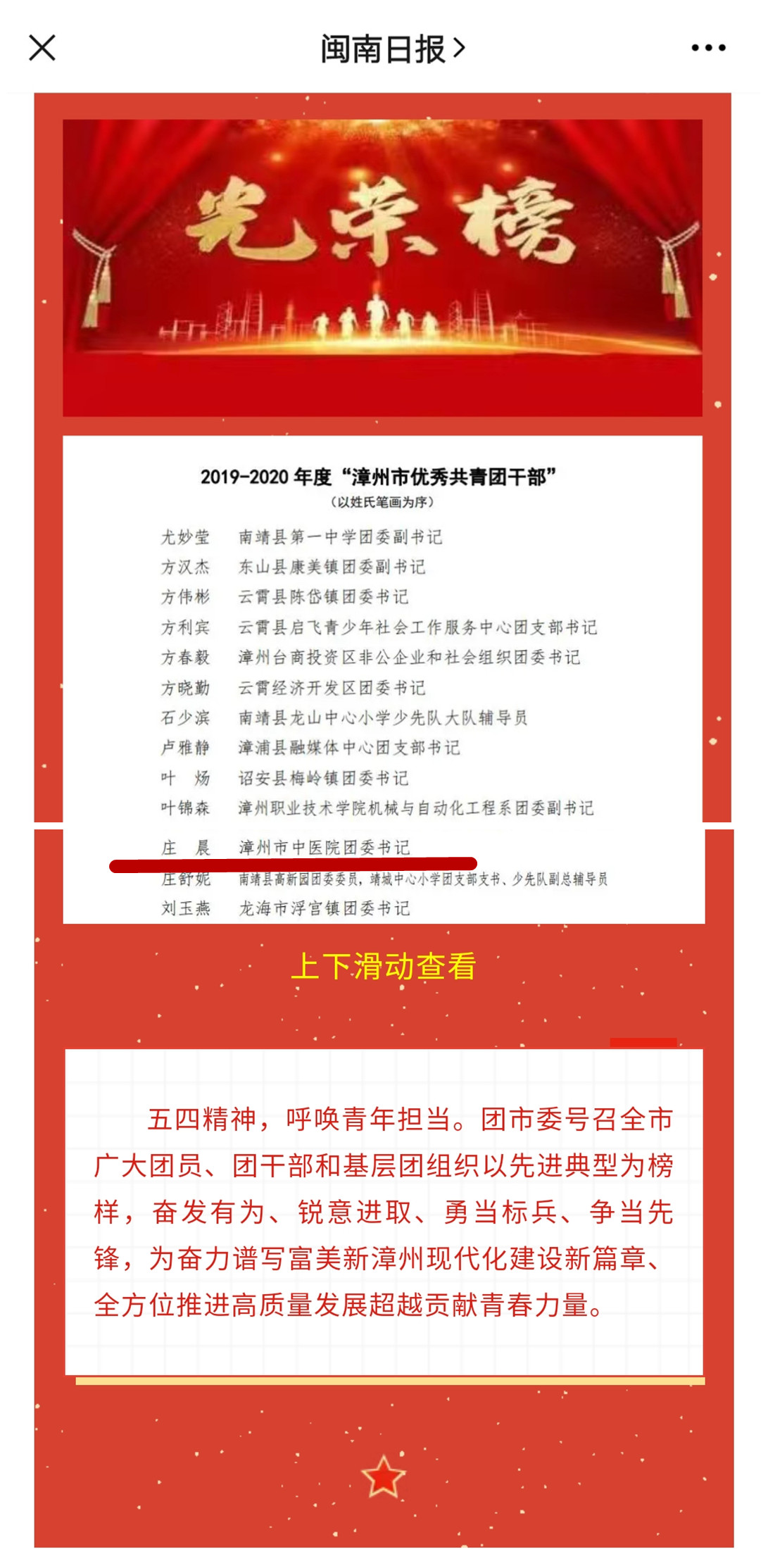 恭喜！吴丽榕  庄晨获漳州团市委表彰